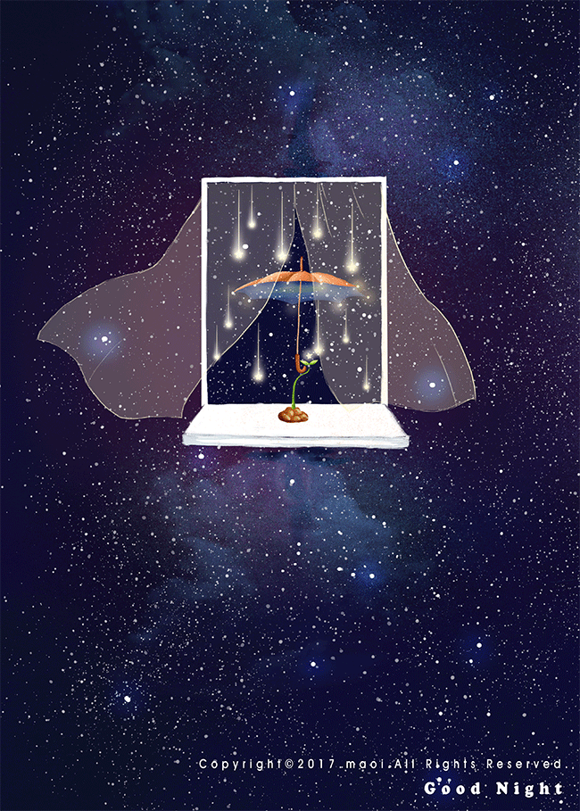 Анимация Окно с цветком под зонтом на ночном небе, (Good night / хорошей ночи), by Maoi, гифка Окно с цветком под зонтом на ночном небе, (Good night / хорошей ночи), by Maoi