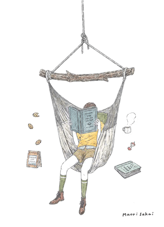 Анимация Мальчик с книгой качается на гамаке, гифка Мальчик с книгой качается на гамаке
