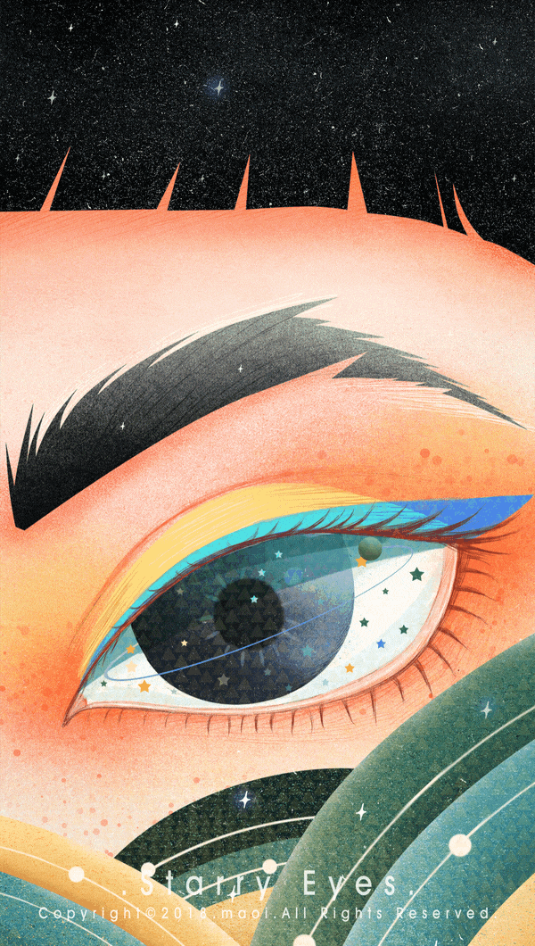 Анимация Девушка с ночным небом в волосах и глазом-планетой (Starry Eyes), гифка Девушка с ночным небом в волосах и глазом-планетой (Starry Eyes)