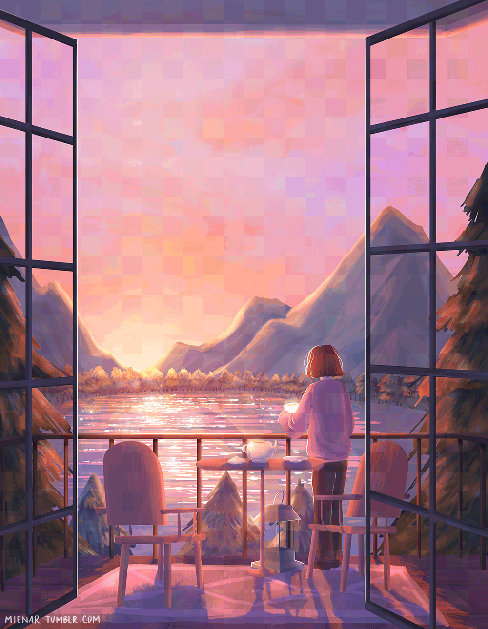 Анимация Девушка любуется горным пейзажем, стоя на балконе с чашкой горячего чая в руках, гифка Девушка любуется горным пейзажем, стоя на балконе с чашкой горячего чая в руках