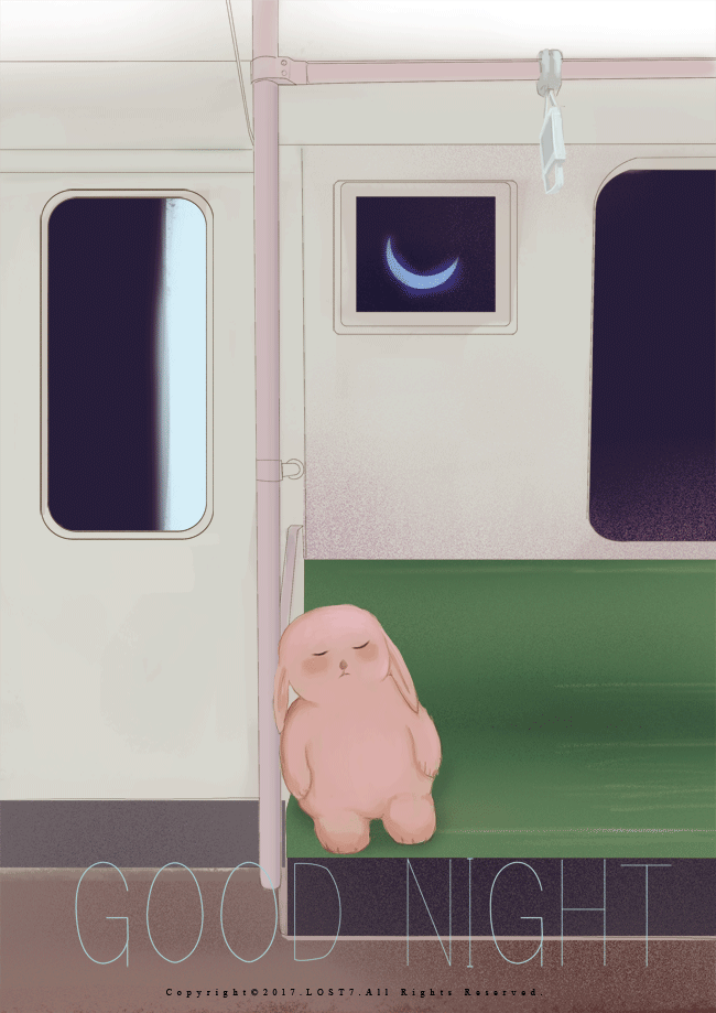 Анимация Плюшевый кролик спит в вагоне поезда (, за окнами которого космосGOOD NIGHT), гифка Плюшевый кролик спит в вагоне поезда (, за окнами которого космосGOOD NIGHT)