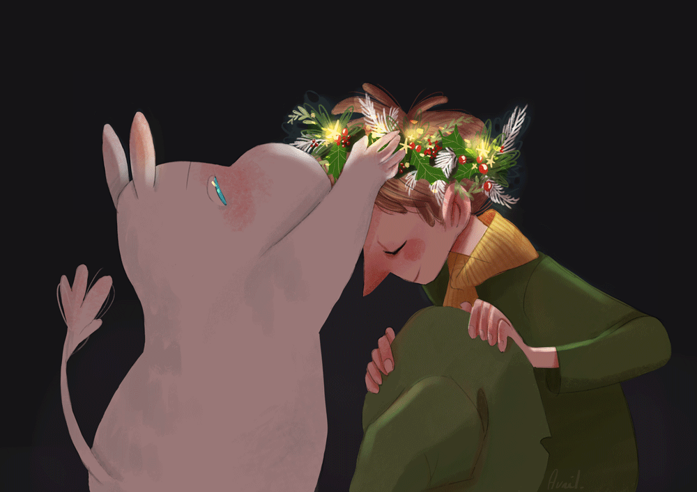 Анимация Муми-тролль надевает венок на голову мальчику, by avril-circus, гифка Муми-тролль надевает венок на голову мальчику, by avril-circus