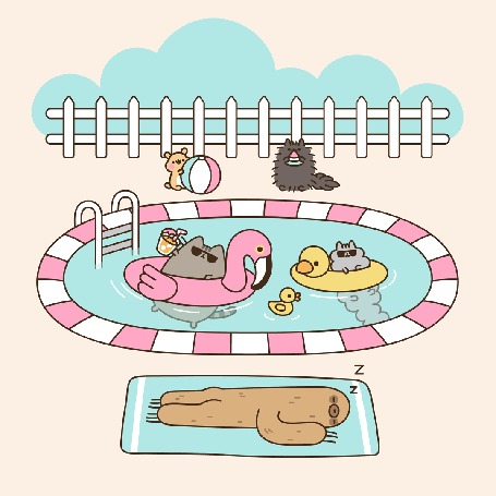 Анимация Pusheen the cat / Кот Пушин отдыхает в бассейне вместе со своими друзьями