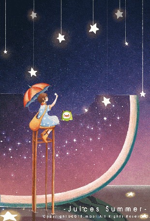 Анимация Девушка вешает на ночное небо звезды, а рогатый чудик ест гигантскую дольку арбуза (Juices Summer)