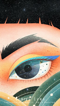 Анимация Девушка с ночным небом в волосах и глазом-планетой (Starry Eyes)