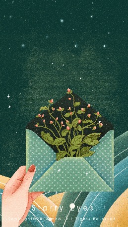 Анимация Рука держит конверт с розами, которые распускаются от того, что их поливает девочка, которая пролетает мимо на воздушном шарике (Starry Eyes)