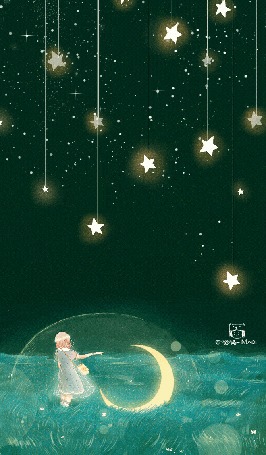 Анимация Девочка стоит перед месяцем на траве, by Maoi