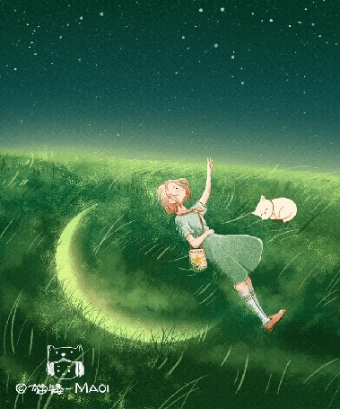 Анимация Девочка лежит рядом с месяцем и кошкой на траве, by Maoi