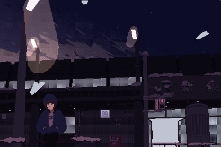 Анимация Девушка сидит на лавочке под падающим снегом, by ozumikan