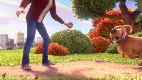 Анимация Дюк из мультфильма Тайная жизнь домашних животных / The Secret Life of Pets сбивает с ног своего хозяина