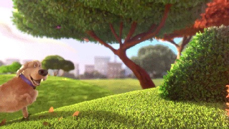 Анимация Дюк из мультфильма Тайная жизнь домашних животных / The Secret Life of Pets прыгает за бабочками в кусты