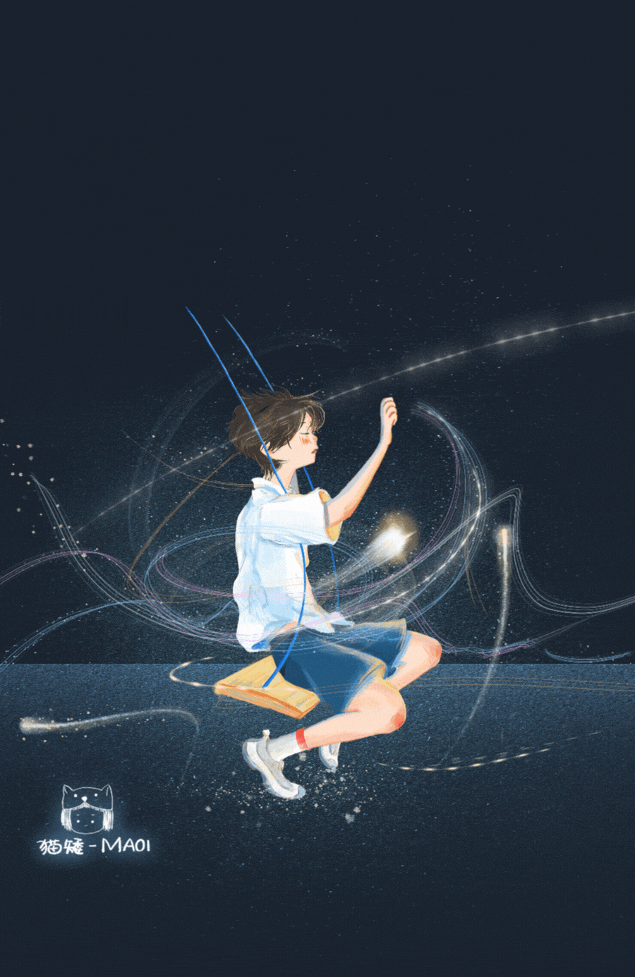 Анимация Мальчик сидит на качелях над водой на фоне падающей звезды, by Maoi, гифка Мальчик сидит на качелях над водой на фоне падающей звезды, by Maoi