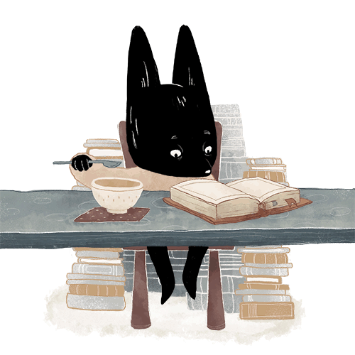 Анимация Черный лисенок увлеченно читает книгу и ест за столом, гифка Черный лисенок увлеченно читает книгу и ест за столом