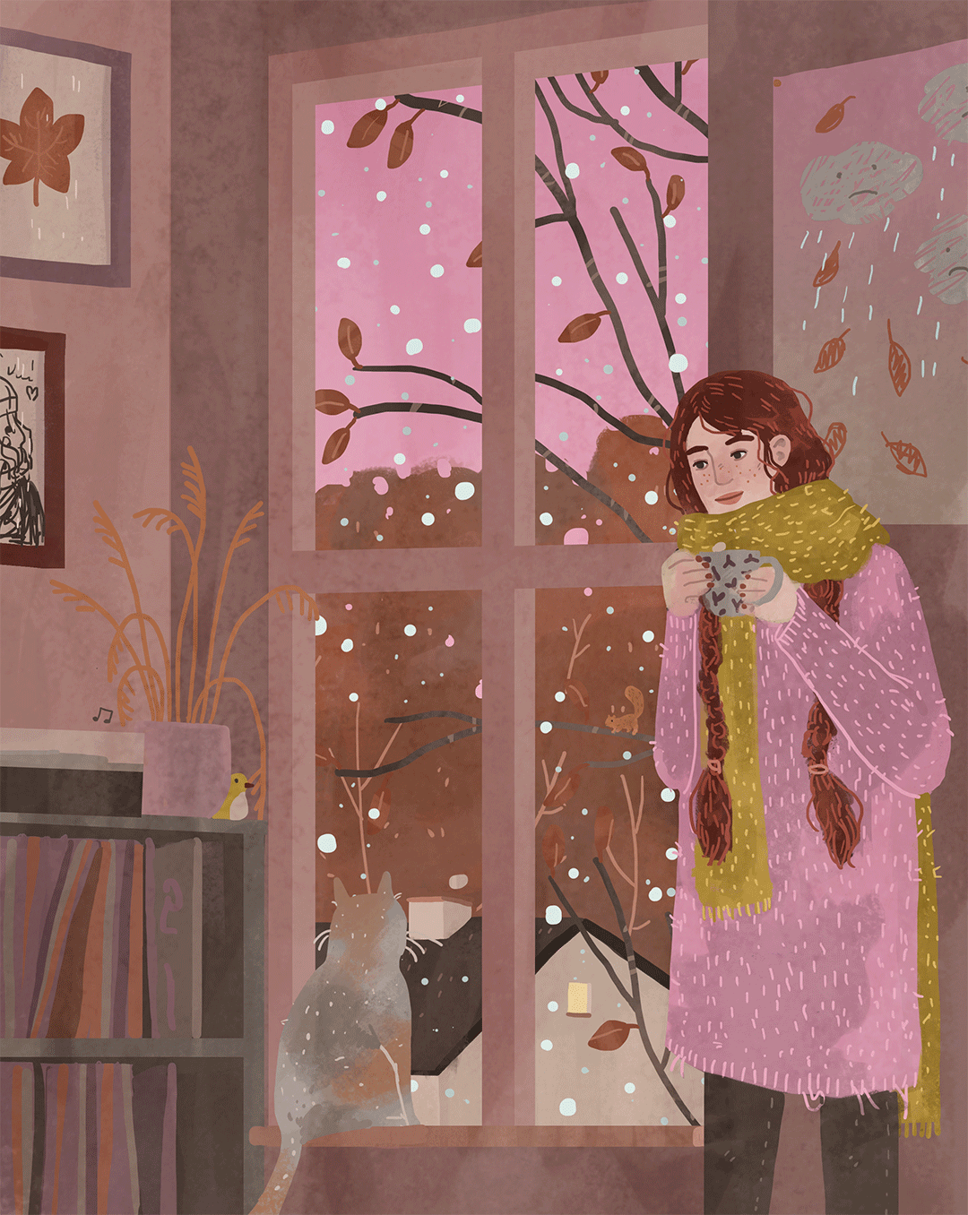Анимация Девушка пьет чай у окна, на котором сидит кошка и смотрит на падающий снег, by larapaulussen, гифка Девушка пьет чай у окна, на котором сидит кошка и смотрит на падающий снег, by larapaulussen