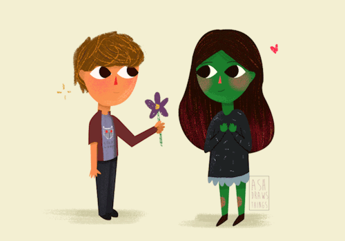 Анимация Парень дарит зеленой девушке цветок, by Ash-Draws-Things, гифка Парень дарит зеленой девушке цветок, by Ash-Draws-Things