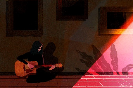 Анимация Девушка сидит с гитарой на фоне стены, на которой отражается тень мужчины, держащего в руках сердце, by TRACY J LEE