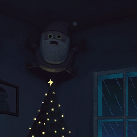Анимация Санта Клаус / Santa Claus ползет в дождливую ночь по потолку над елкой, by Daniel Shaffer