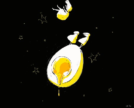 Анимация Девушка в ночном небе прыгает на желтке яйца, а две девушки стоят на яйце, by fco