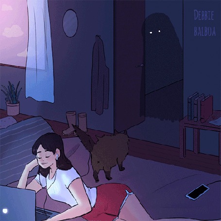 Анимация Девушка в наушниках, на фоне кота, который отпугивает привидение, by Debbie Balboa