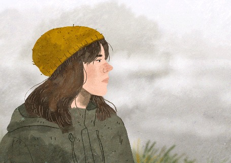 Анимация Девушка в шапочке стоит на фоне облачного неба, by Lara Paulussen