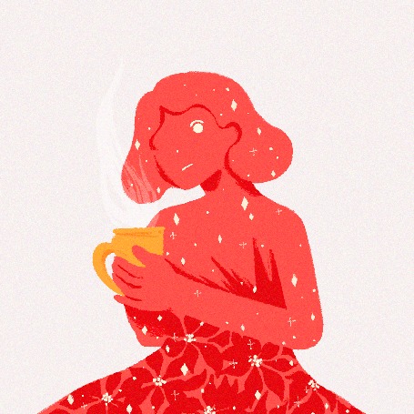 Анимация Красная девушка с чашкой горячего напитка моргает одним глазом, by prinsomnia