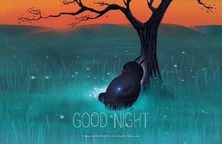 Анимация Черный кролик со звездой в лапе спит под деревом (GOOD NIGHT)