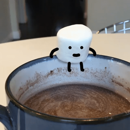 Анимация Маршмеллоу падает в чашку с какао, гифка Маршмеллоу падает в чашку с какао