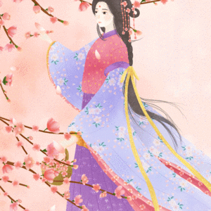 Анимация Девушка азиатской внешности стоит у цветущей сакуры, гифка Девушка азиатской внешности стоит у цветущей сакуры