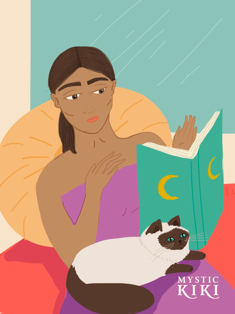 Анимация Девушка с кошкой на коленях читает магическую книгу, by Mystic Kiki, гифка Девушка с кошкой на коленях читает магическую книгу, by Mystic Kiki