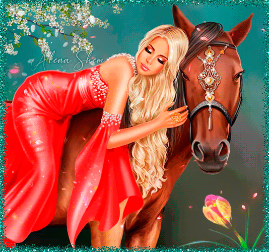 Анимация Блондинка в красном элегантном платье лежит на лошади и гладит ее, автор Alena Shem, гифка Блондинка в красном элегантном платье лежит на лошади и гладит ее, автор Alena Shem