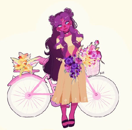 Анимация Luna / Луна в человеческом обличье у велосипеда с цветами, by rifqaart