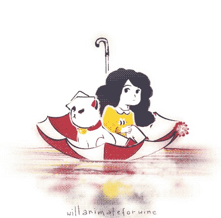 Анимация Девушка с котом плывут в зонтике по воде, by Ania Leszczynska