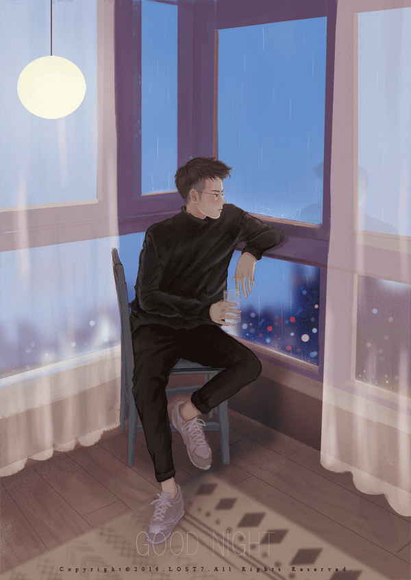 Анимация Парень смотрит на дождь за окном, by GOOD NIGHT, гифка Парень смотрит на дождь за окном, by GOOD NIGHT