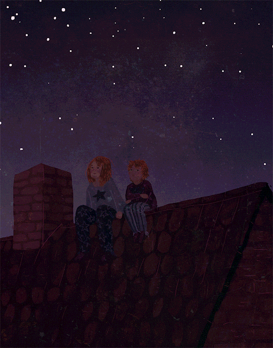 Анимация Две девочки смотрят на фейерверки, сидя на крыше дома, гифка Две девочки смотрят на фейерверки, сидя на крыше дома