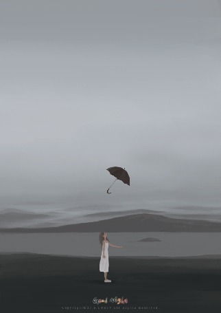 Анимация У девушки, гуляющей на морском берегу, улетает зонт, by lost7