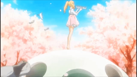 Анимация Каори Миязоно / Kaori Miyazono из аниме Твоя апрельская ложь / Shigatsu wa Kimi no Uso играет на музыкальном интсрументе на фоне неба, гифка Каори Миязоно / Kaori Miyazono из аниме Твоя апрельская ложь / Shigatsu wa Kimi no Uso играет на музыкальном интсрументе на фоне неба
