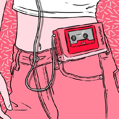 Анимация Девушка в белом топе и розовых джинсах слушает музыку, by walkman