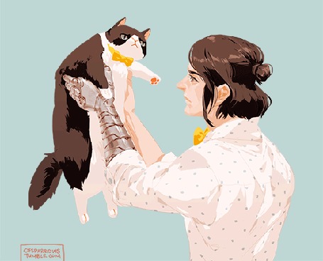 Анимация Парень с металлической рукой держит на руках кошку, by ofsparrows