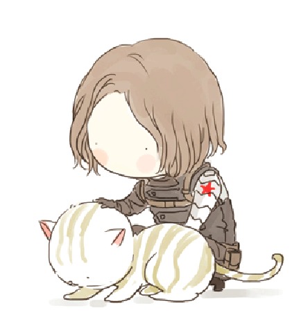 Анимация Джеймс Бьюкенен (Баки) Барнс / James Buchanan Bucky Barnes, персонаж Marvel Comics гладит полосатую кошку