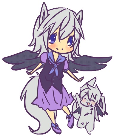 Анимация Чернокрылый чибик с котом на белом фоне, by CuteNikeChan