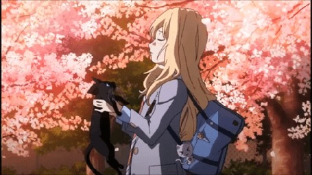 Анимация Каори Миязоно / Kaori Miyazono из аниме Твоя апрельская ложь / Shigatsu wa Kimi с черной кошкой в руках на фоне весенних деревьев