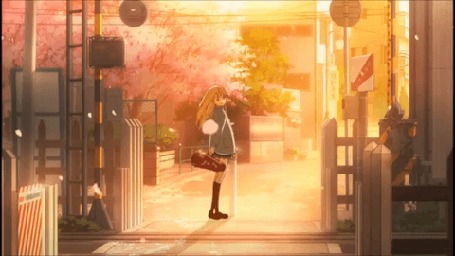 Анимация Каори Миязоно / Kaori Miyazono из аниме Твоя апрельская ложь / Shigatsu wa Kimi no Uso со скрипкой в футляре стоит под падающими лепестками