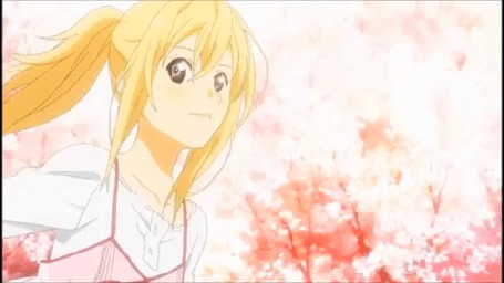 Анимация Каори Миязоно / Kaori Miyazono из аниме Твоя апрельская ложь / Shigatsu wa Kimi no Uso стоит под падающими лепестками