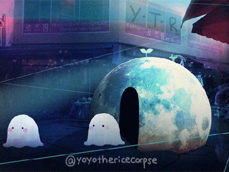 Анимация Чудики выходят из круглого домика с листочком на нем, by Yoyo the Ricecorpse