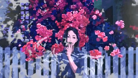 Анимация Девушка стоит на фоне цветущего куста, (dreamy-мечта)
