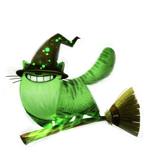 Анимация Зеленый кот в шляпке на метле, by Cryptid-Creations, гифка Зеленый кот в шляпке на метле, by Cryptid-Creations