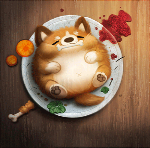 Анимация Объевшийся песик с костью в пасти лежит на тарелке, by Cryptid-Creations, гифка Объевшийся песик с костью в пасти лежит на тарелке, by Cryptid-Creations