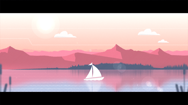 Анимация Белый кораблик на воде под небом на фоне гор, by Blue-Staple-Studios, гифка Белый кораблик на воде под небом на фоне гор, by Blue-Staple-Studios