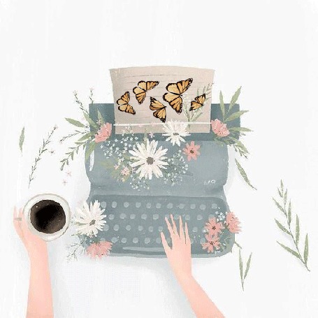 Анимация Женские руки, в одной из которых чашка кофе, а другая печатает на машинке, из которой выходит лист, на котором сидят бабочки