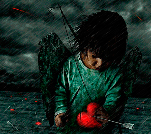 Анимация Ангелок под дождем с пробитым стрелой сердцем, гифка Ангелок под дождем с пробитым стрелой сердцем